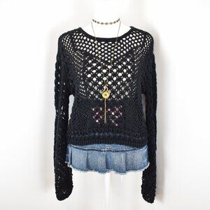 BCBGMaxAzria Black Chunky Long Bell Sleeve Cropped Oversized Slouchy Sweater